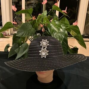Elegant Black Metallic Silver Stripped Wide-Brim Hat with Crystal Embellishments